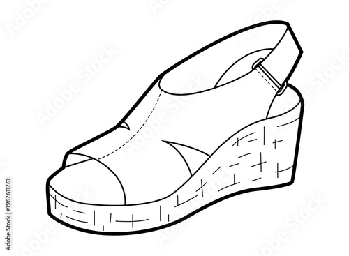 Espadrille wedge sandal shoe women single line. Peep toe slingback sandal with jute wedge for vacation resort look. Technical fashion illustration CAD mockup clean vector man unisex isolated style.