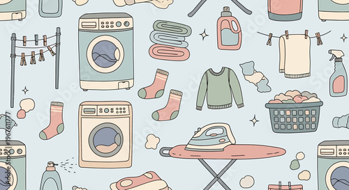 Cozy Laundry Room Pattern: Washing Machines, Ironing, Clothes Drying, and Household Chores