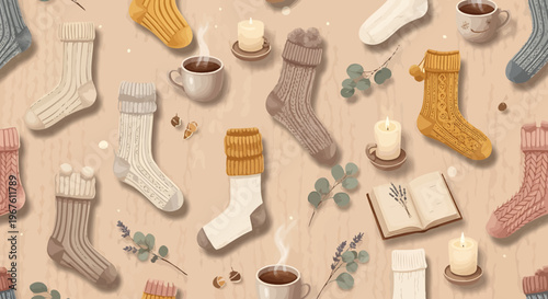 Cozy Winter Socks, Hot Coffee, Candles, and Open Book - Hygge Lifestyle Background