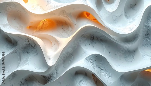 Abstract organic landscape of luminous waves and flowing textures with warm golden light emerging from cool, sculptured surfaces, creating a mesmerizing ethereal backdrop