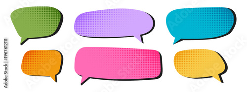Set of colorful speech bubbles with dotted halftone shadows in corners. Dialogue clouds, chat boxes, quote balloons, offer tags, idea labels in pop art style. Vector cartoon illustration.