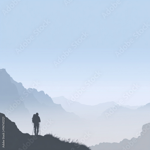 A hiker standing in thick mountains, suitable for travel blogs or outdoor adventure promotions.
