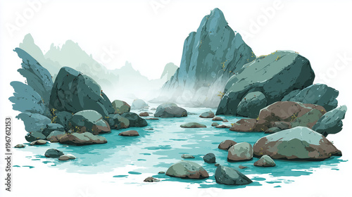 A mountain stream with rocks, suitable for nature-themed websites, outdoor adventure blogs, or environmental campaigns.