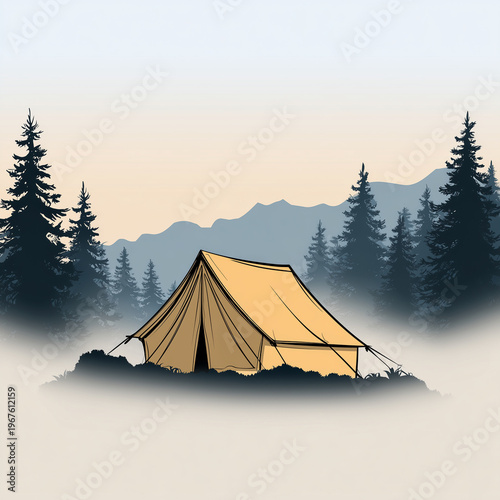 A mountain tent surrounded by trees and fog, suitable for outdoor adventure blogs, camping promotions, or travel websites.