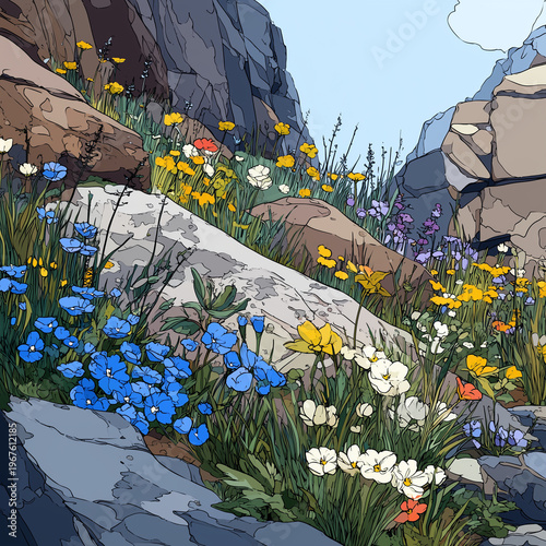 A mountain wildflowers growing on rocks, suitable for nature-themed designs, greeting cards, or educational materials.