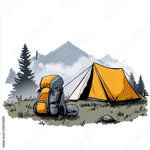 A sleeping bag and backpack next to a tent in a mountain landscape, perfect for outdoor adventure blogs, camping guides, or travel promotions.