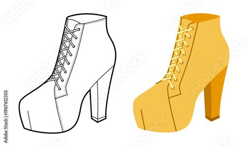 Yellow platform ankle boot women flat plus line set. Lace up high heel footwear festival creative wardrobe. Technical fashion illustration, CAD mockup, mixed vector men unisex isolated fashion style
