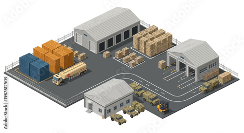 Military logistics hub isometric view with storage buildings, trucks, and military vehicles illustrating supply chain operations