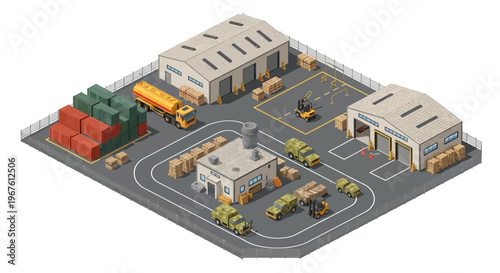 Isometric military logistics hub with vehicles, warehouses, and fuel truck - industrial site operations