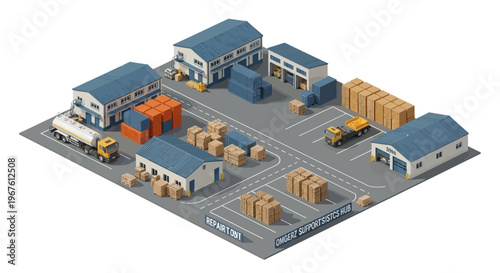 Detailed Military logistics hub isometric illustration showcasing efficient supply chain and cargo transport operations