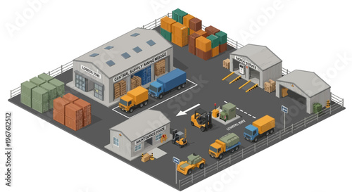 Military logistics hub isometric, efficient supply chain management and cargo handling, warehouse operations, transportation and distribution