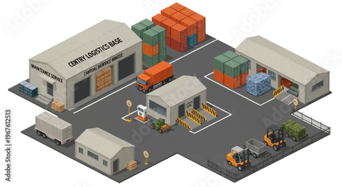 An isometric view of a military logistics hub, showcasing warehouses, vehicles, and equipment for supply chain operations