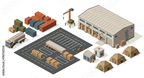 Military logistics hub isometric illustration with transport, storage, and tents, representing supply chain operations