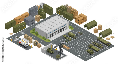 Military logistics hub isometric artwork presenting a comprehensive defense supply chain network, with strategic storage facilities and ground transport