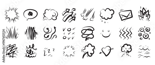 Line movement expression and comic effect cartoon with arrow element draw. Doodle manga emphasis and star bubble boom with sigh icon hand. Emotion line anime and speed comic fun with outline.
