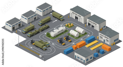 Military logistics hub isometric view showcasing storage facilities, vehicles, and transportation equipment for efficient supply chain management