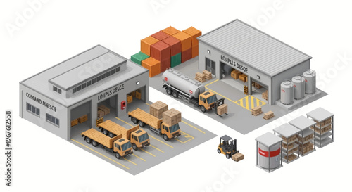 Detailed isometric view of a comprehensive military logistics hub, showcasing efficient supply chain operations, cargo transport, and secure warehousing for strategic distribution