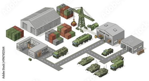 Military logistics hub isometric illustration featuring warehouses, containers, trucks, and military vehicles on a map