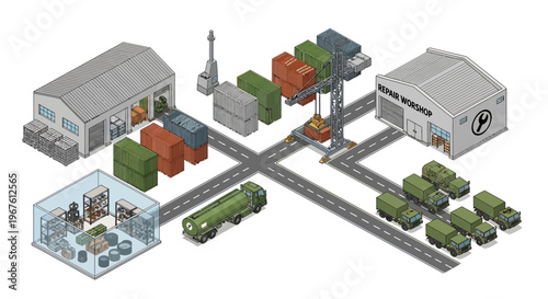 Detailed isometric illustration of a military logistics hub with trucks, cranes, and cargo containers
