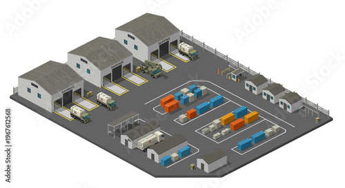 Military logistics hub isometric illustration showing transport vehicles, warehouses, and shipping containers