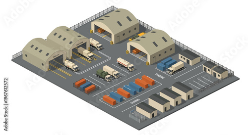 Military logistics hub isometric with secure warehouses, cargo trucks, and containers. An illustration of efficient supply chain and defense transport operations