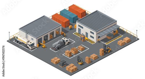 Military logistics hub isometric illustration of cargo shipping and warehouse operations with trucks and forklifts