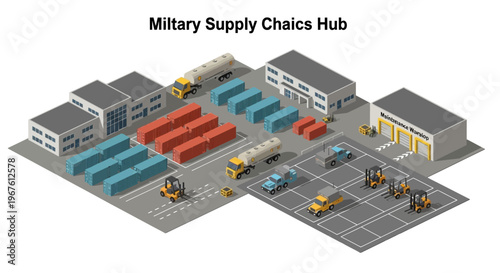 Military logistics hub isometric graphic illustrating vital supply chain operations, cargo storage, transportation, and distribution essential for defense and operational support
