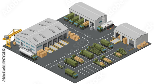 Military logistics hub isometric illustration showcasing vehicle storage, warehouses, and crane for efficient supply chain operations