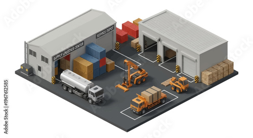 Detailed isometric view of a military logistics hub, showcasing efficient supply chain operations, warehousing, and transport vehicles for global distribution