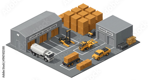 Efficient military logistics hub isometric design illustrating a complex network of warehouses, transportation vehicles, and heavy equipment for global supply chain and distribution management