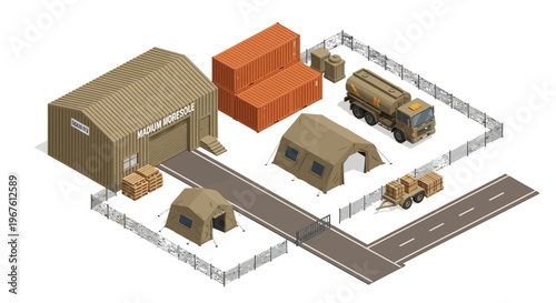 Military logistics hub isometric illustration showcasing infrastructure, tents, and vehicles for supply chain operations