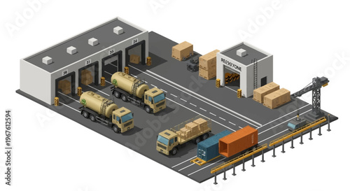 Military logistics hub isometric with trucks, cargo containers, and cranes, illustrating efficient supply chain operations