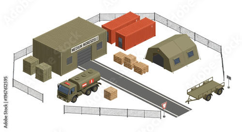 International Day of Human Space Flight poster concept Isometric illustration of a temporary logistics camp with warehouse, tents, and vehicles