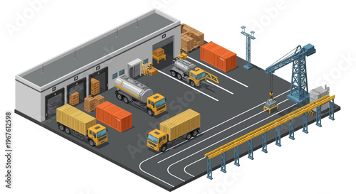 Isometric illustration of a military logistics hub with trucks, containers, and equipment in a supply depot yard