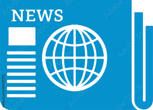 News icon with globe, newspaper symbol, world news media icon, journalism press illustration, global news flat design isolated on blue background