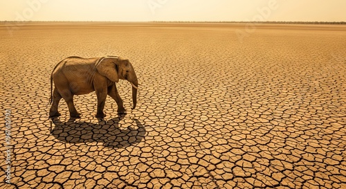 Sad elephant standing in destroyed forest habitat, symbolizing deforestation, climate change, and human impact on wildlife and environment.