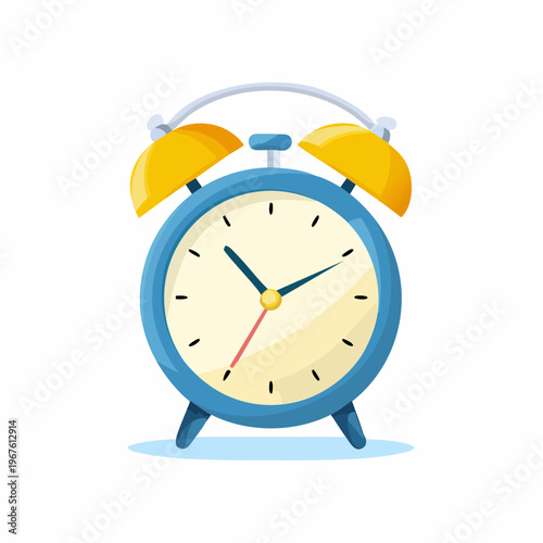 Cartoon-style illustration of a classic blue and yellow alarm clock, time concept.