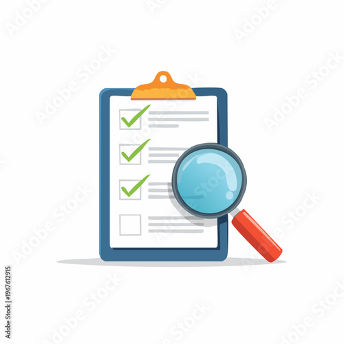 Clipboard with checklist and magnifying glass, successful project management