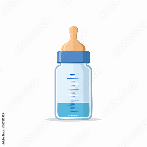 Cartoon-style baby bottle filled with blue liquid