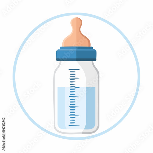 Cartoon baby bottle with blue water and teat in a blue circle