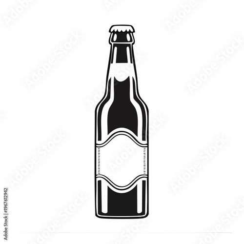 Stylized illustration of a beer bottle with a blank label in black and white
