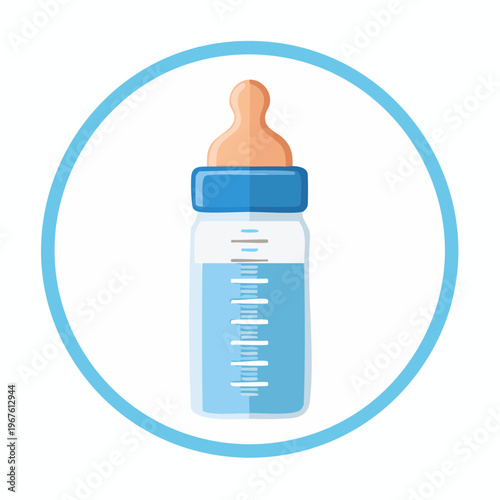 Baby bottle with blue liquid, measuring marks, and a round blue border