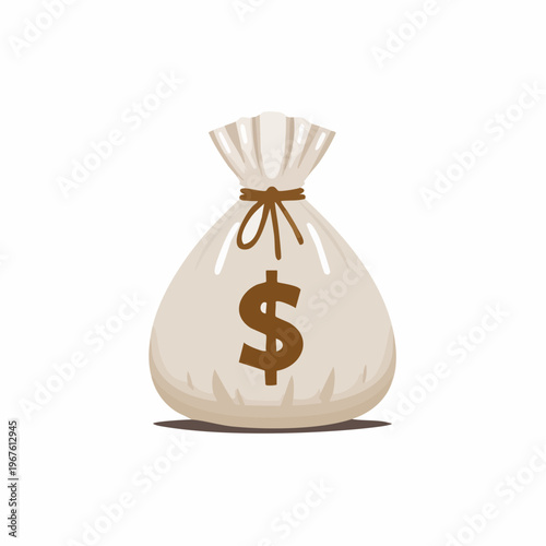 Cartoon illustration of a full money bag tied with a brown string with dollar sign