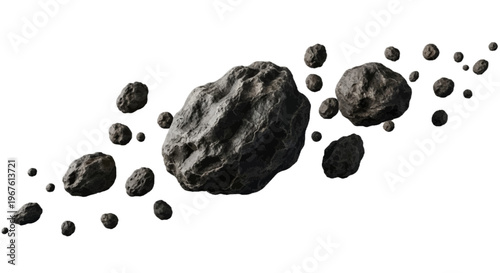 Asteroid belt with various space rocks on a transparent background