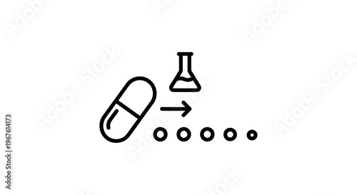 Drug development process: capsule, arrow, and laboratory flask icon