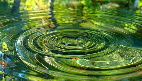 A serene pond water ripple occurs near firefly with lush green surroundings