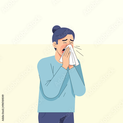 Woman Sneezing into Tissue.