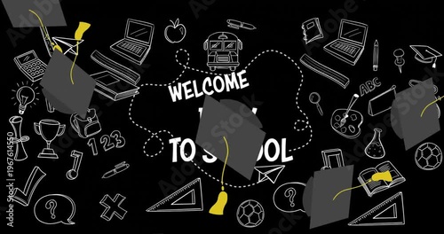 Animation of welcome to school text, graduation hats and school items icons over black background