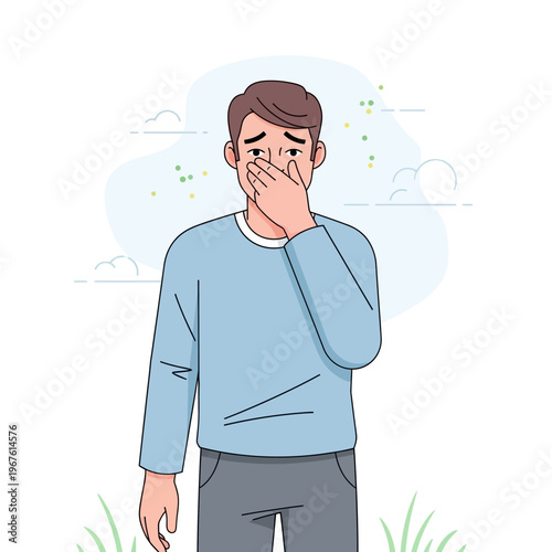 Man covering his mouth due to bad smell or illness.