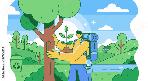 Illustration of a hiker planting a sapling in a serene natural landscape with a recycling bin nearby.